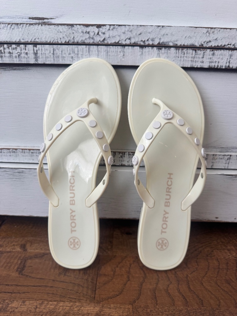 Tory Burch Studded Jelly Sandals Thong Ivory Women's Size 7